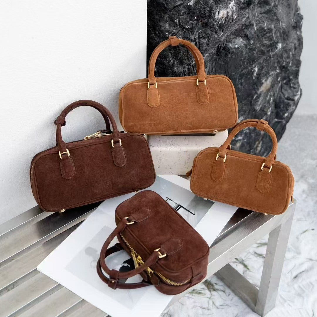 2024秋冬新款时尚头层牛皮真皮磨砂皮麂皮单肩包托特包包公文大包