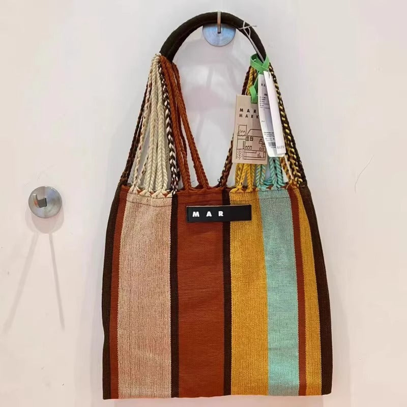 玛尼帆布吊床包针织条纹编织包大容量购物袋休闲单肩手提托特女包