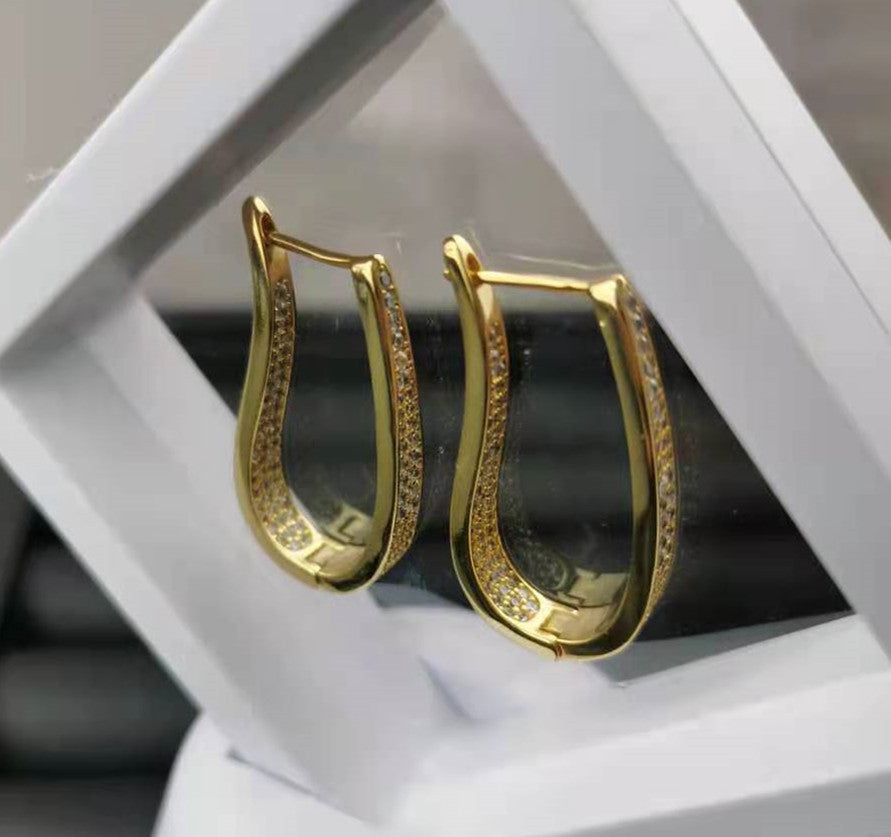 赛家新款耳扣金色满钻镶钻复古气质时尚港风耳饰不规则U形耳环