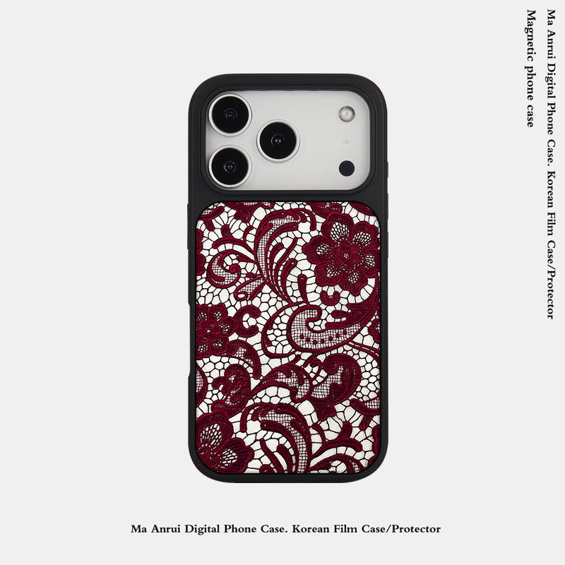 外贸蕾丝花纹适用苹果16pro晶瓷手机壳iPhone17亚克力PC磨砂防摔