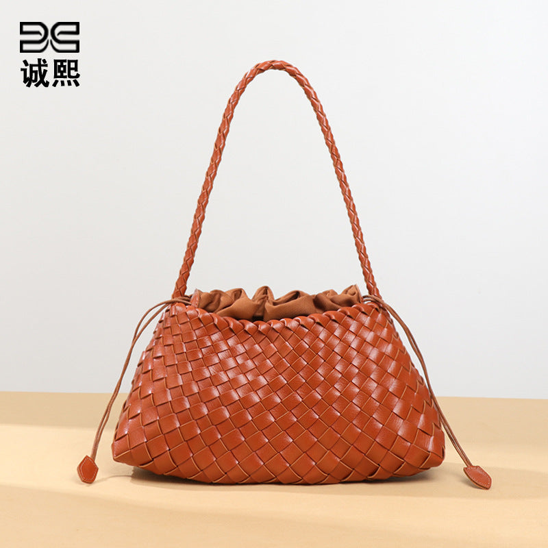 跨境热销纯色手工编织包包女高级感复古手提子母包时尚单肩腋下包