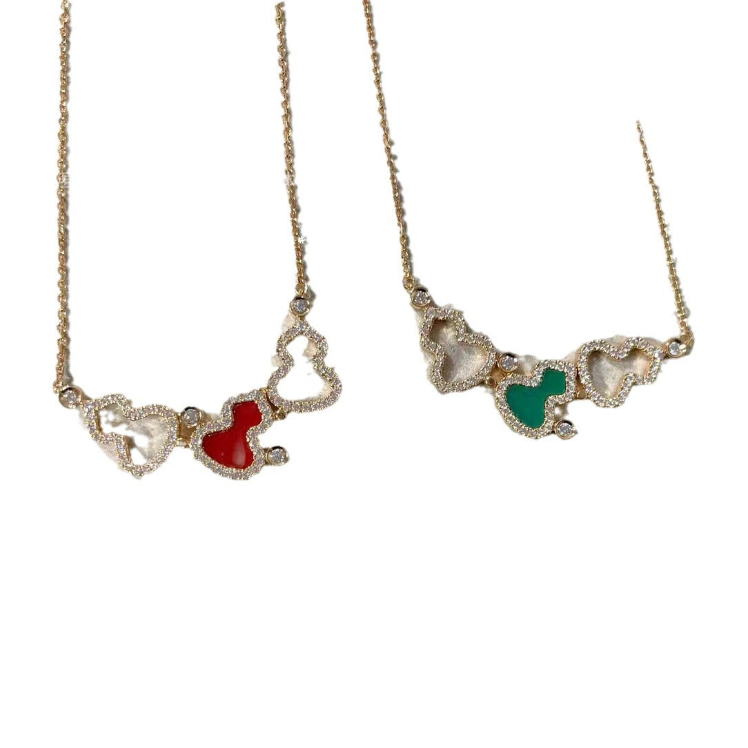 高版本CNC麒麟三葫芦项链天然绿翡翠红玉髓S925银镀18K厚金项链