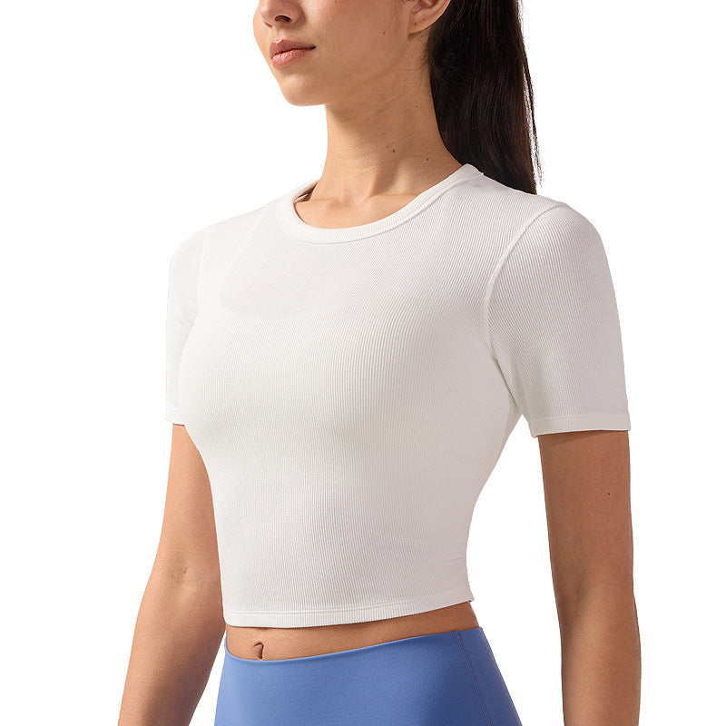 夏季圆领短袖T恤女露脐修身显瘦罗纹瑜伽服抗菌透气速干运动上衣