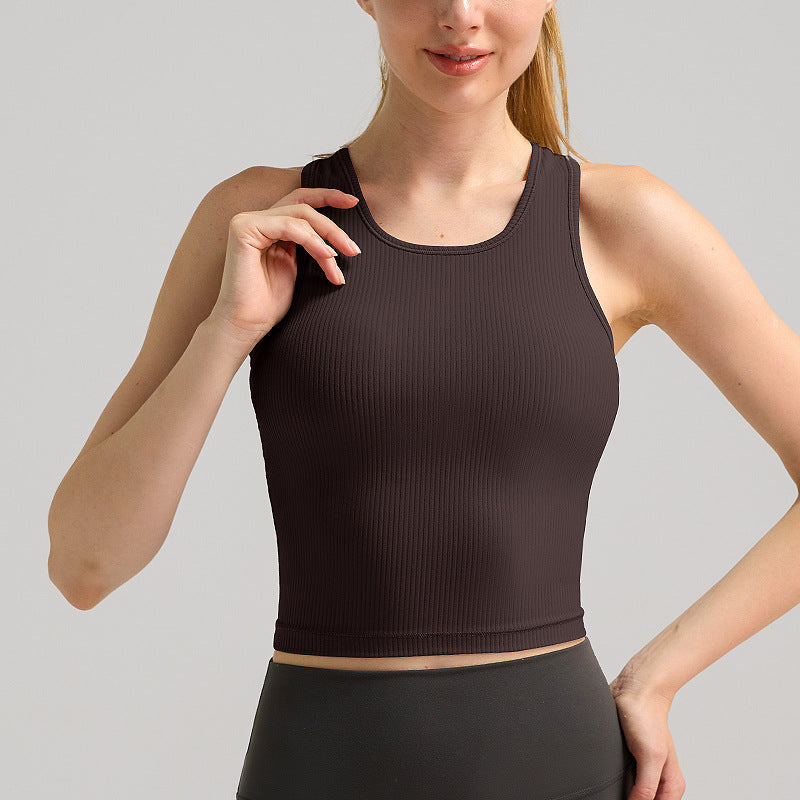 lulu短款工字运动背心女士带胸垫莱卡瑜伽服罗纹透气速干健身上衣