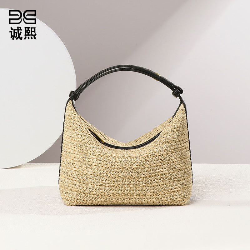 小众设计法式优雅百搭拉菲草编手拎饭盒包单肩腋下女包度假沙滩包
