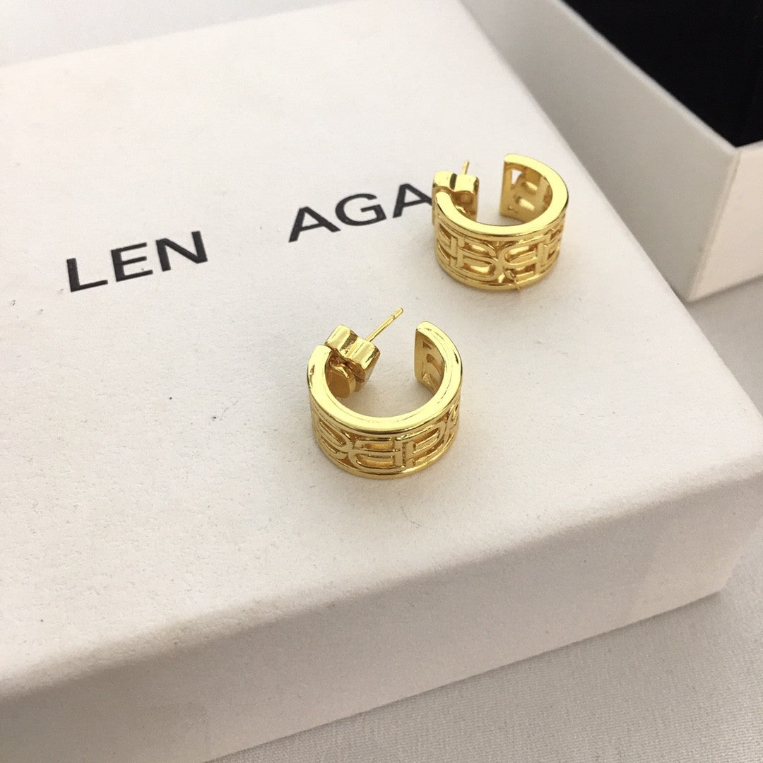 B家21新款C形耳钉女双B耳饰高级感气质小众耳饰光面镀金字母耳环