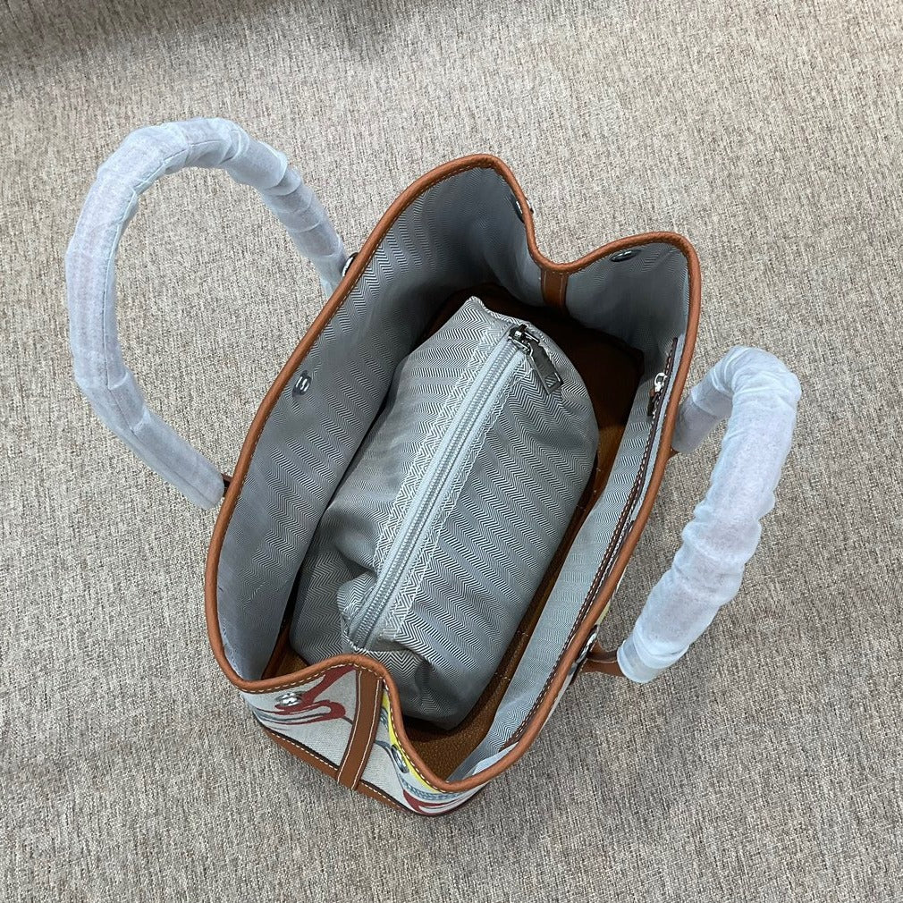 女包彩色腋下菜篮子牛皮拼帆布托特大容量撞色单肩双肩斜挎花园