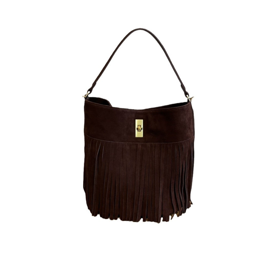 秋冬季复古麂皮绒面包包女2024新款百搭斜挎包流苏磨砂单肩水桶包