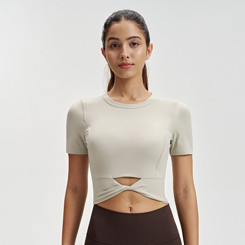 修身瑜伽T恤女lulu短款下摆扭结短袖高弹力露脐运动衫健身服上衣