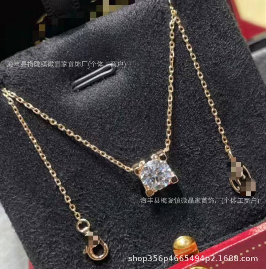 高版本卡家牛角单钻项链女精工CNC四爪镶钻石吊坠轻奢时尚锁骨链