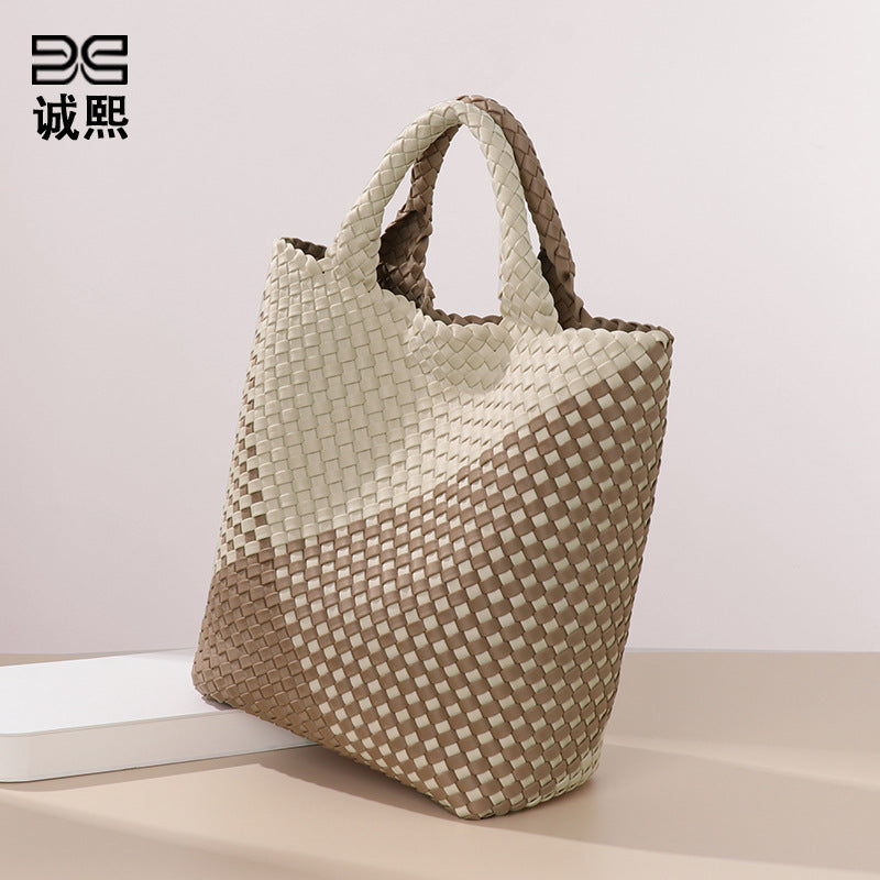 跨境新款手提编织女包工厂定制贴标拼色托特包个性潮流手拎子母包