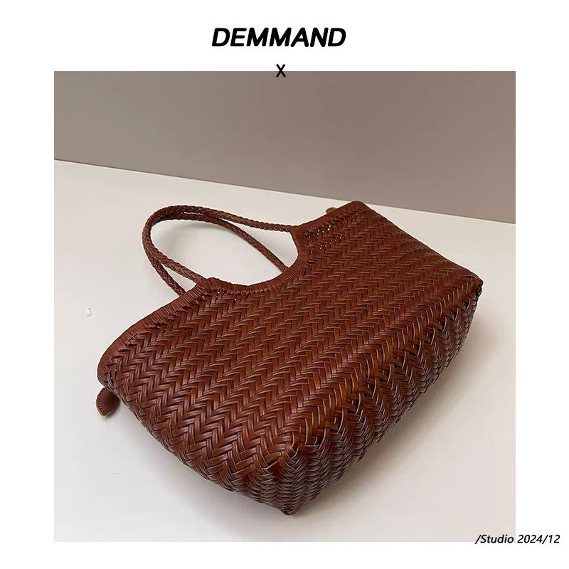 dragon同款法式编织菜篮子包女士真皮单肩包复古手工包包ins风