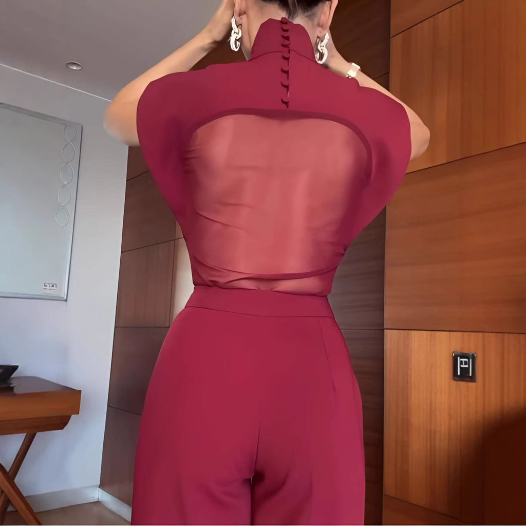 2026新款亚马逊独立站高领网纱性感上衣加休闲长裤套装女