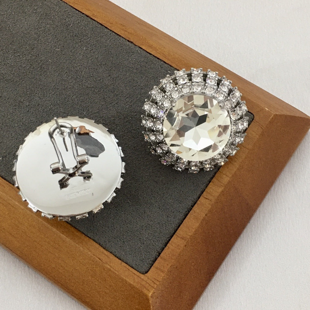 缪家新款满钻圆形耳钉夹女高级感个性气质欧美风K9水钻大耳环