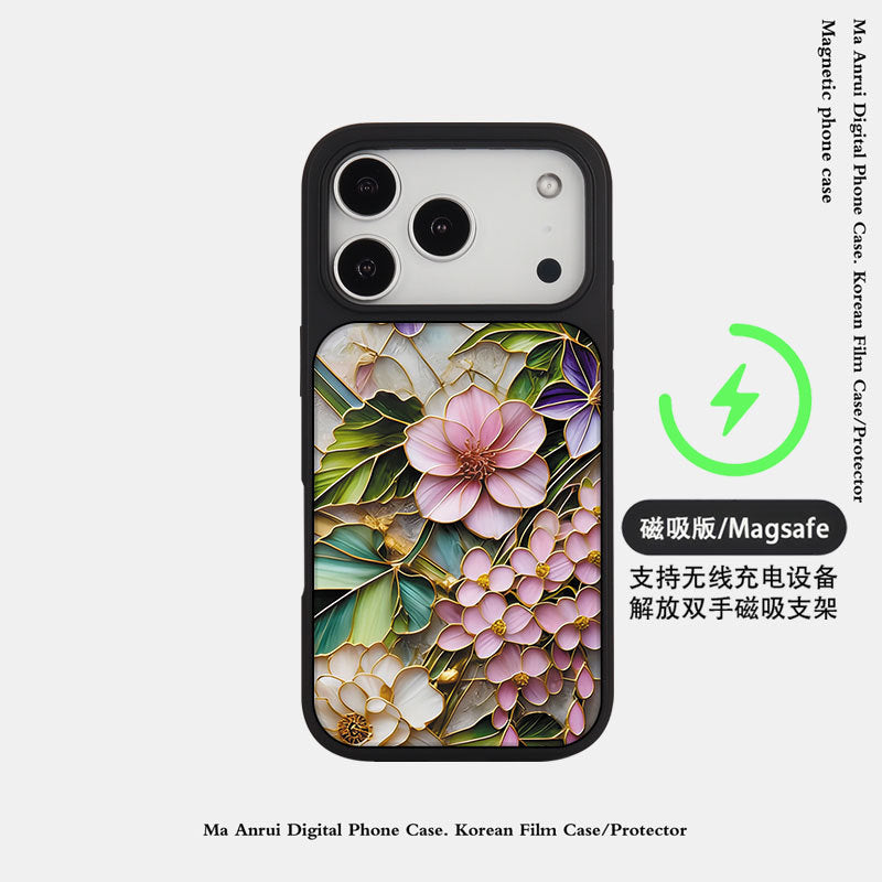 外贸跨境花朵适用苹果16pro晶瓷手机壳iPhone17亚克力PC磨砂防摔