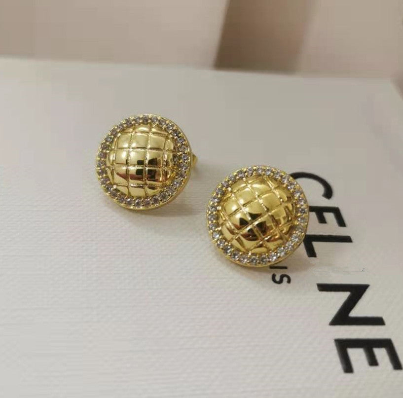 赛家新款耳钉女圆圈网纹帽子时尚气质潮流耳饰品金色格纹耳环女