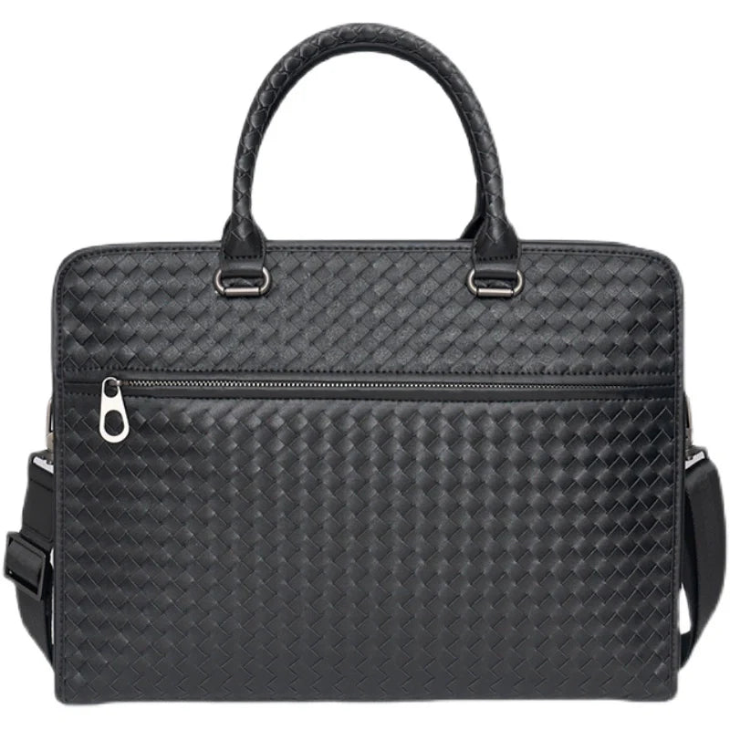 X&BV公文包男真皮横款大容量编织商务单肩斜挎包男休闲男士手提包