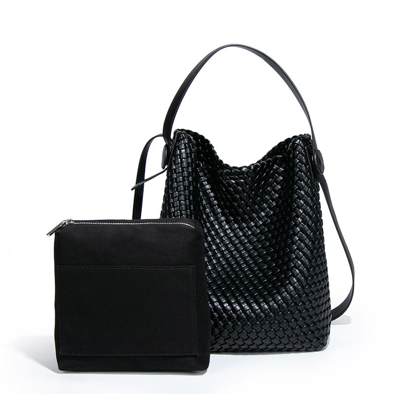 外贸复古大容量水桶包真皮单肩腋下时尚编织女包高级感手提子母包