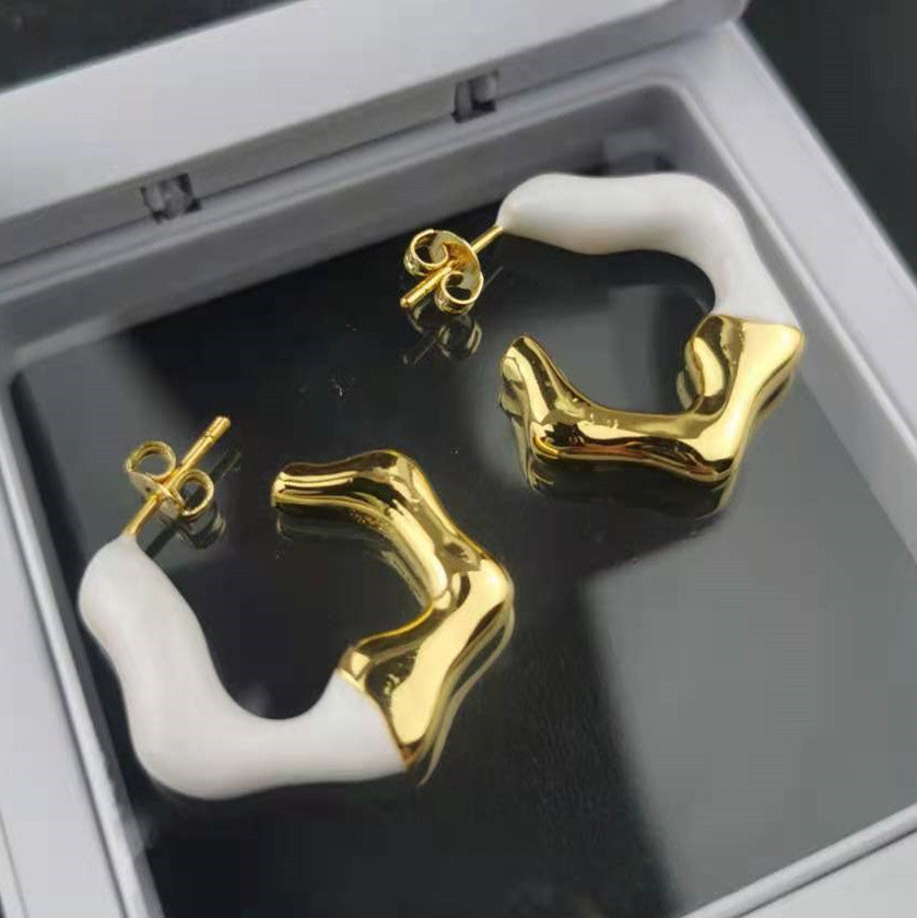 CELI赛家不规则波浪形耳环微镶珍珠粒耳坠耳钉女撞色耳饰镀真金