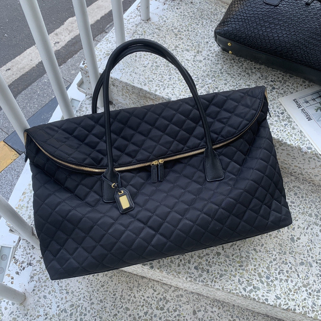 软皮菱格旅行包女2024新款腋下单肩登机行李大包购物袋手提健身包