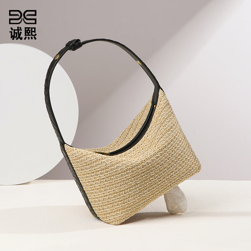 小众设计法式优雅百搭拉菲草编手拎饭盒包单肩腋下女包度假沙滩包