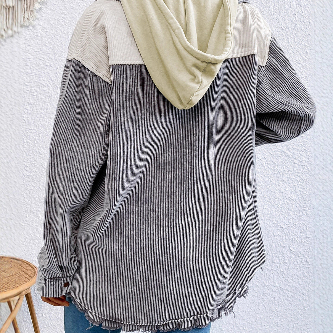 秋冬新款拼色系扣连帽灯芯绒夹克女欧美跨境单排扣长袖外套女