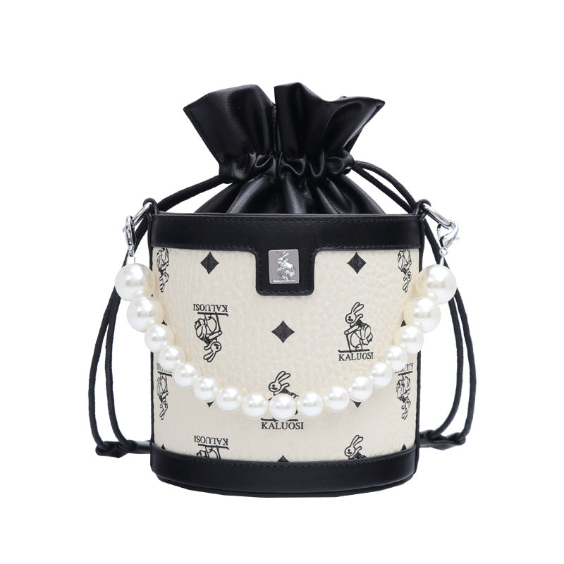 时尚印花新款兔子发财水桶包潮流珍珠手提圆筒包潮流单肩斜挎女包