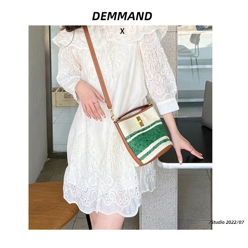 夏季帆布包包女2022新款今年流行托特包上班手工编织大容量水桶包