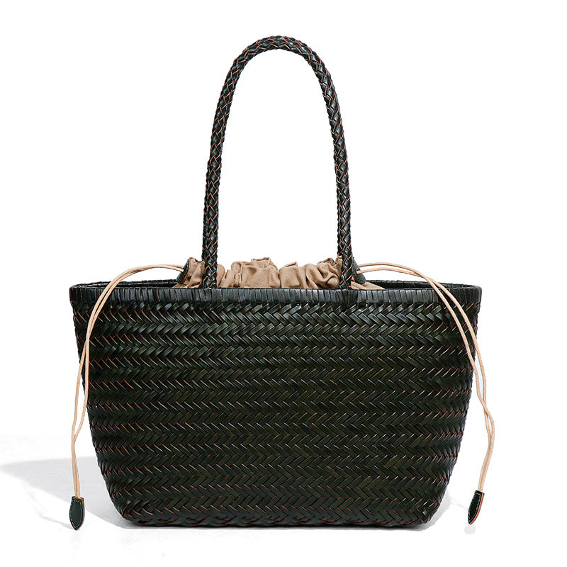 牛皮复古菜篮子手提托特女包个性手工编织包休闲度假风单肩腋下包