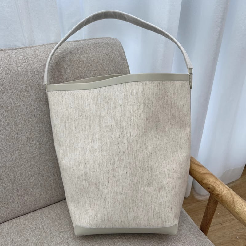 TR高定时尚休闲棉麻拼皮Tote水桶包简约大容量帆布包单肩托特包女