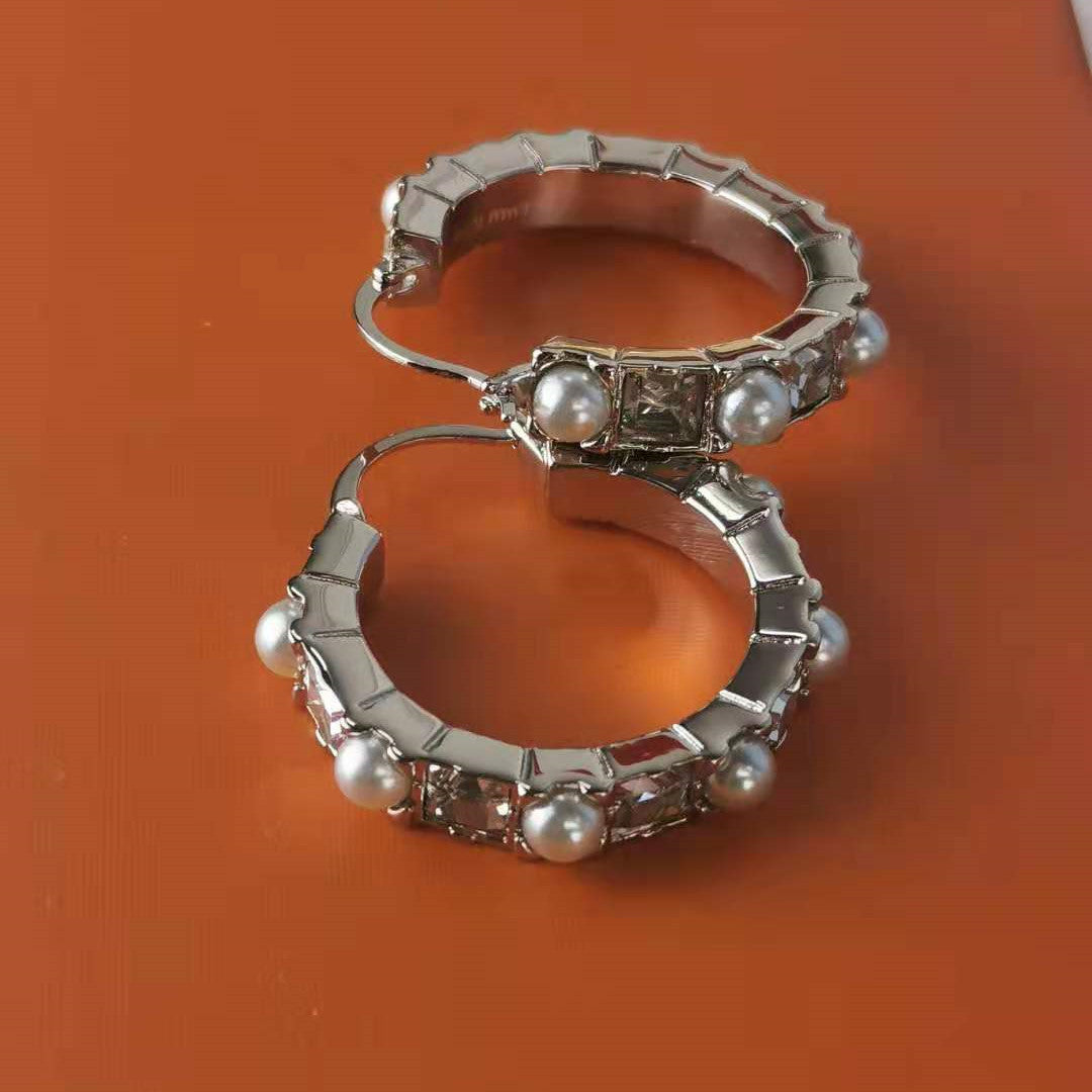 缪家新款耳环女圆圈镶钻珍珠耳圈高级感港风耳饰方钻珍珠圆形耳圈