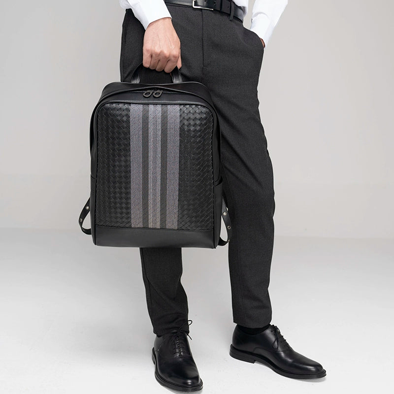 X&BV真皮男士双肩包休闲大容量时尚背包编织商务书包男包旅行潮流