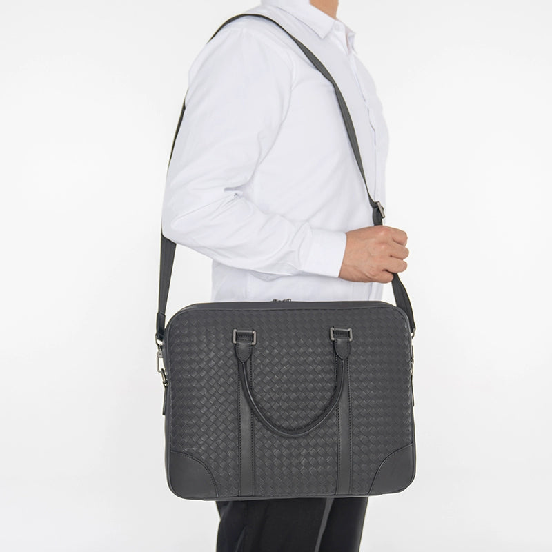 X&BV公文包男真皮横款大容量编织潮商务休闲单肩斜挎包男士手提包