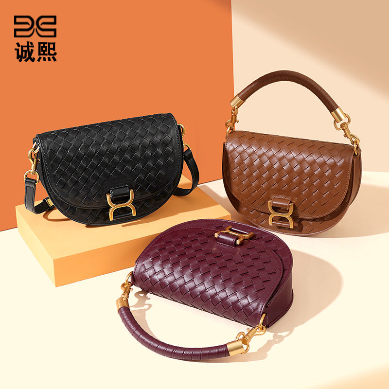 复古半圆编织马鞍包高级感定制单肩包金属扣手提包时尚潮流斜挎包