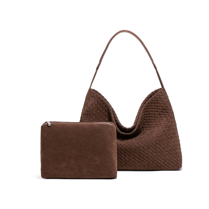 欧美复古麂皮绒单肩腋下包大容量斜跨编织女包质感手提子母托特包