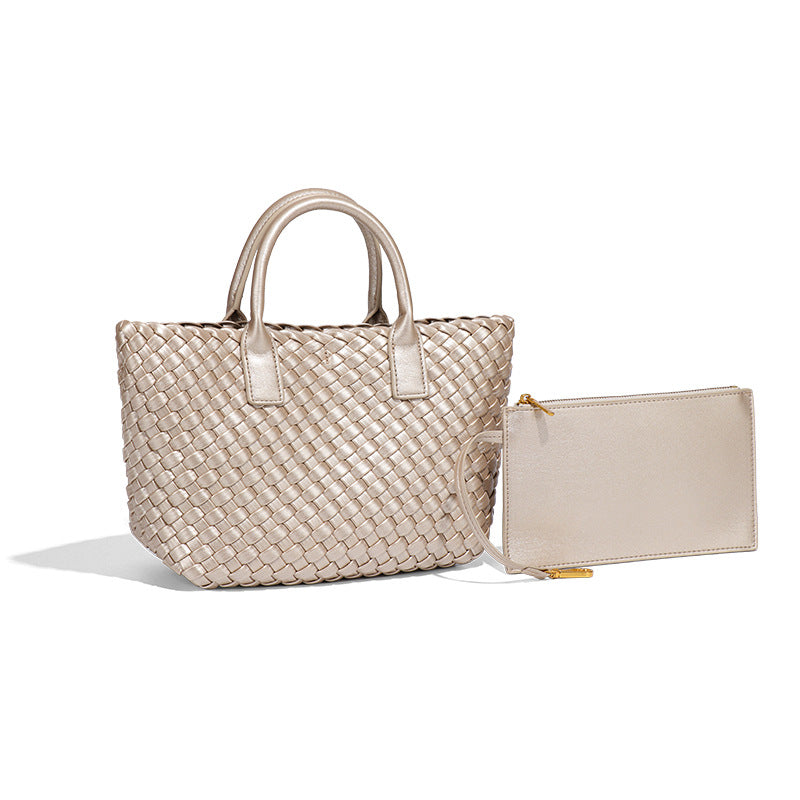 跨境2025新款撞色女士手提包时尚潮流手工编织包高级感单肩斜跨包