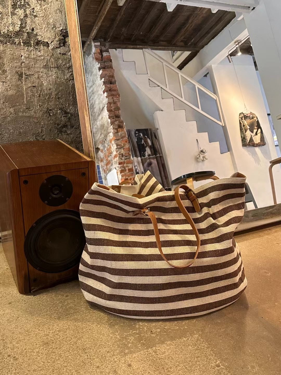 网红同款包包女士2024新款大容量条纹棉麻牛皮单肩托特包手提大包