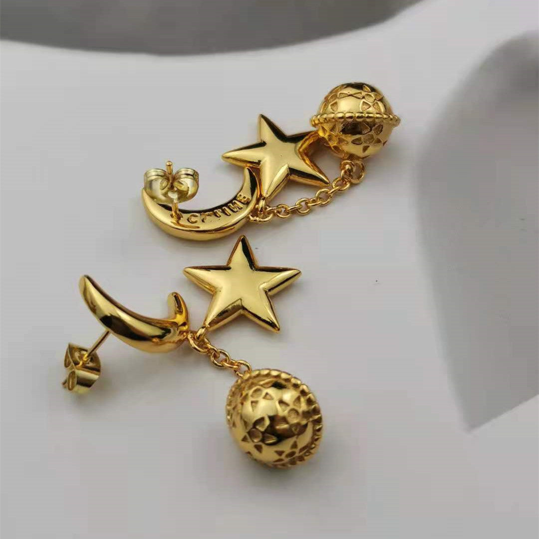 赛家新款月亮星球耳钉长款耳线高级感复古气质中古星星星球耳坠