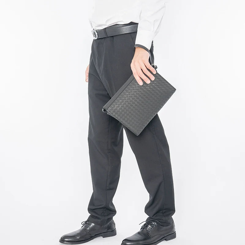 X&BV新款男士包包真皮休闲商务手拿包男时尚大容量编织潮牌手包男