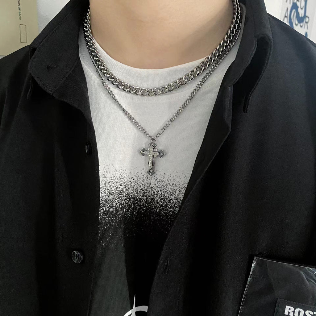 新款镶钻十字架古巴项链男士嘻哈小众双层设计女锁骨链情侣配饰潮