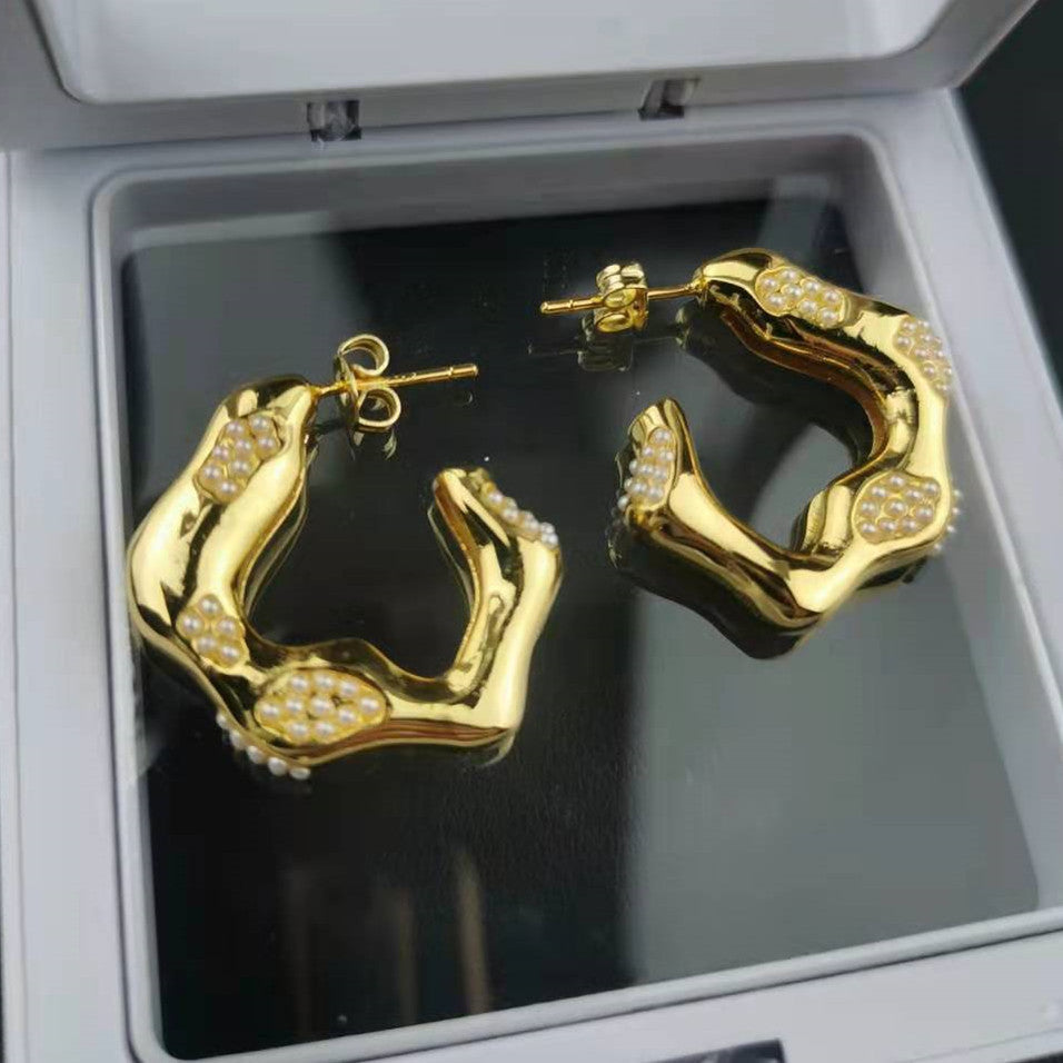 CELI赛家不规则波浪形耳环微镶珍珠粒耳坠耳钉女撞色耳饰镀真金