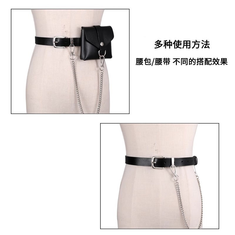 腰包腰带女高级感链条真皮装饰大衣配连衣裙子西装朋克小皮带黑色