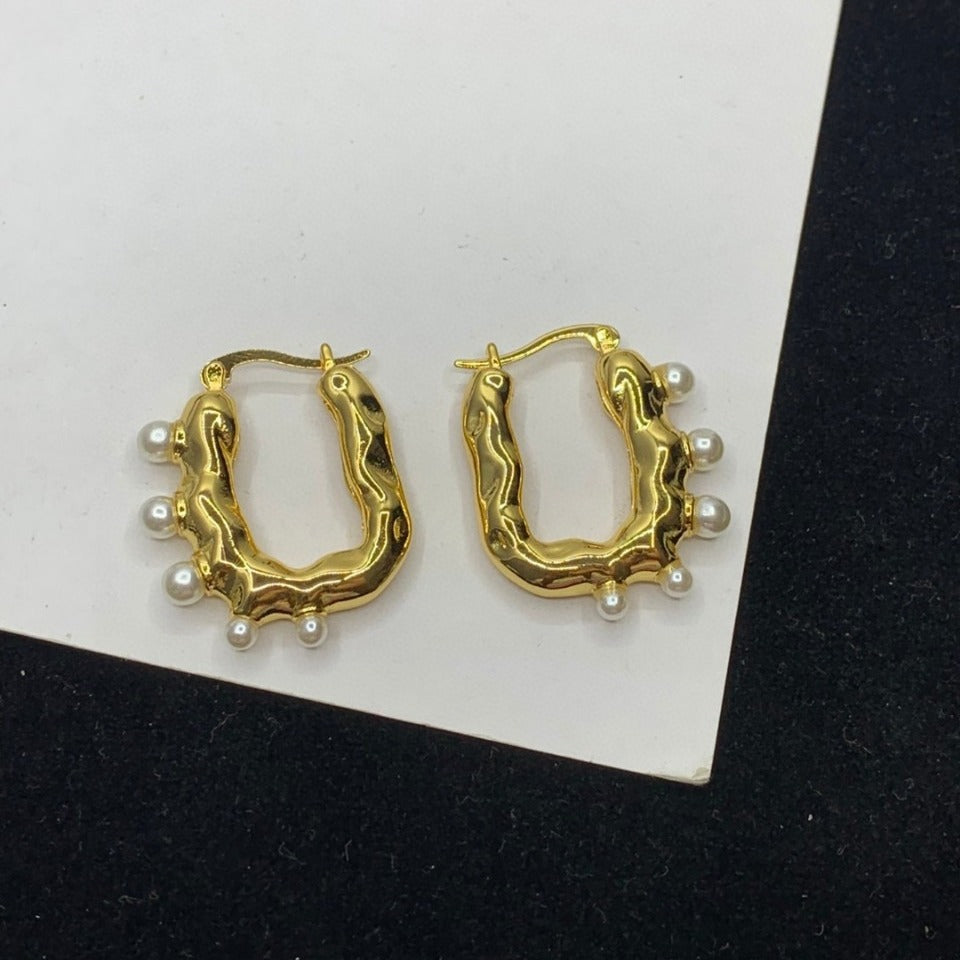 赛林22新款几何形U珍珠耳环女高级感气质港风CEL不规则镀金耳扣