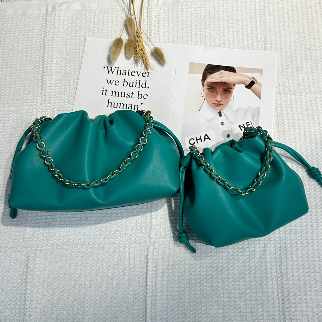 新品褶皱牛皮云朵包新中式抽绳福袋包时尚链条腋下包单肩斜挎小包