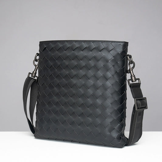 X&BV真皮男包单肩包休闲男士斜挎包包商务竖款编织时尚潮男小背包