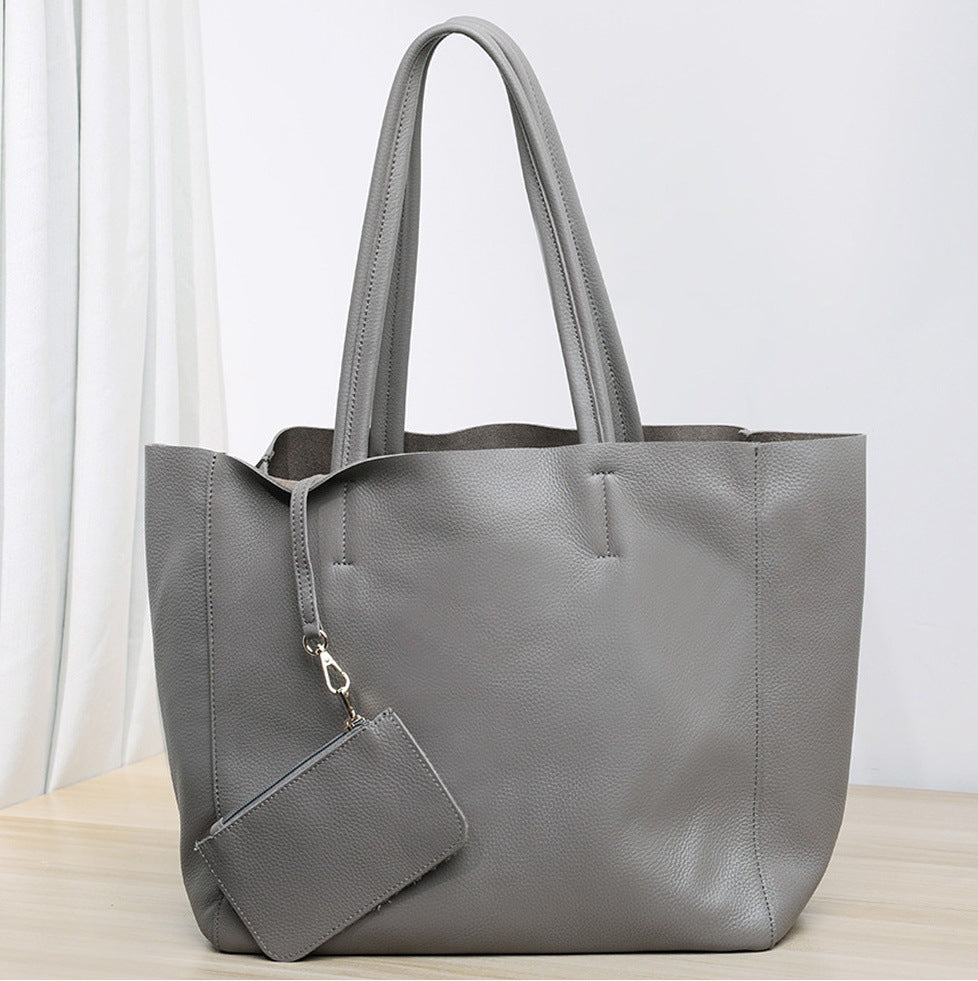 韩版大容量通勤包妈咪购物包牛皮简约真皮托特包单肩斜跨笔记本包