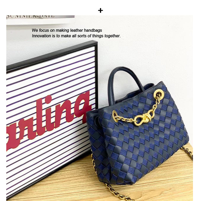 新款编织牛皮金属绳扣单肩包手提出街通勤购物袋百搭时尚潮流小众