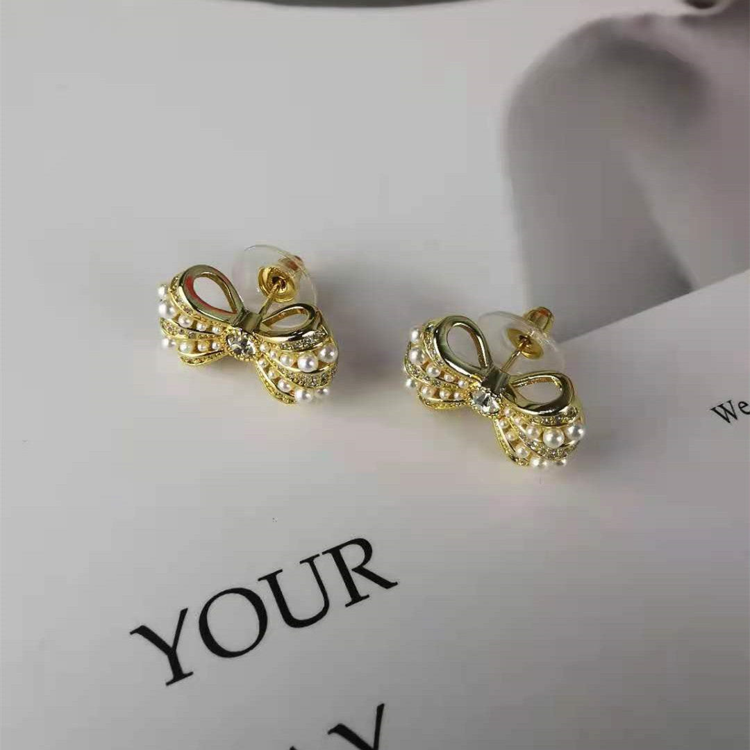 赛家新款满钻耳环精致小巧珍珠蝴蝶结耳钉甜美气质韩版INS耳饰