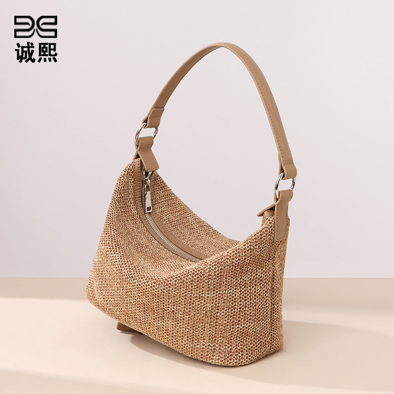 简约时尚拉菲草手提饭盒包清新百搭编织女包通勤大容量单肩腋下包