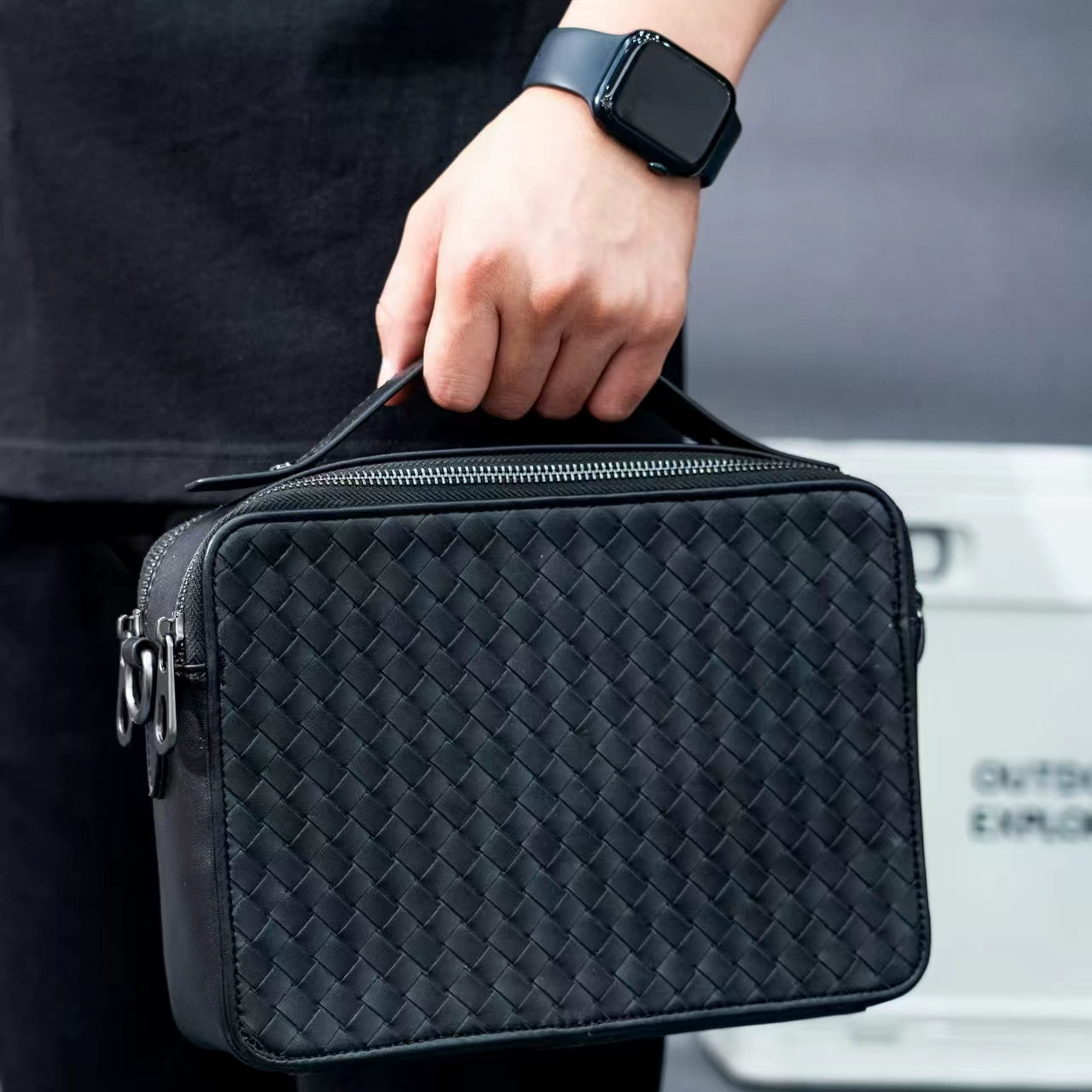 X&BV男士手提包真皮休闲时尚双拉链编织男包单肩斜挎包商务公文包